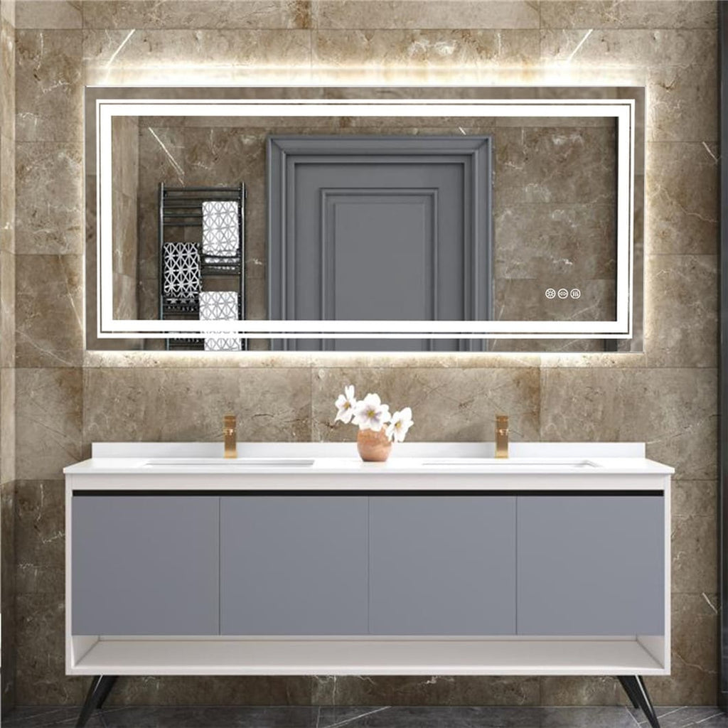 Grand miroir de salle de bain à éclairage LED, anti-buée, pour meuble-lavabo, 3 couleurs