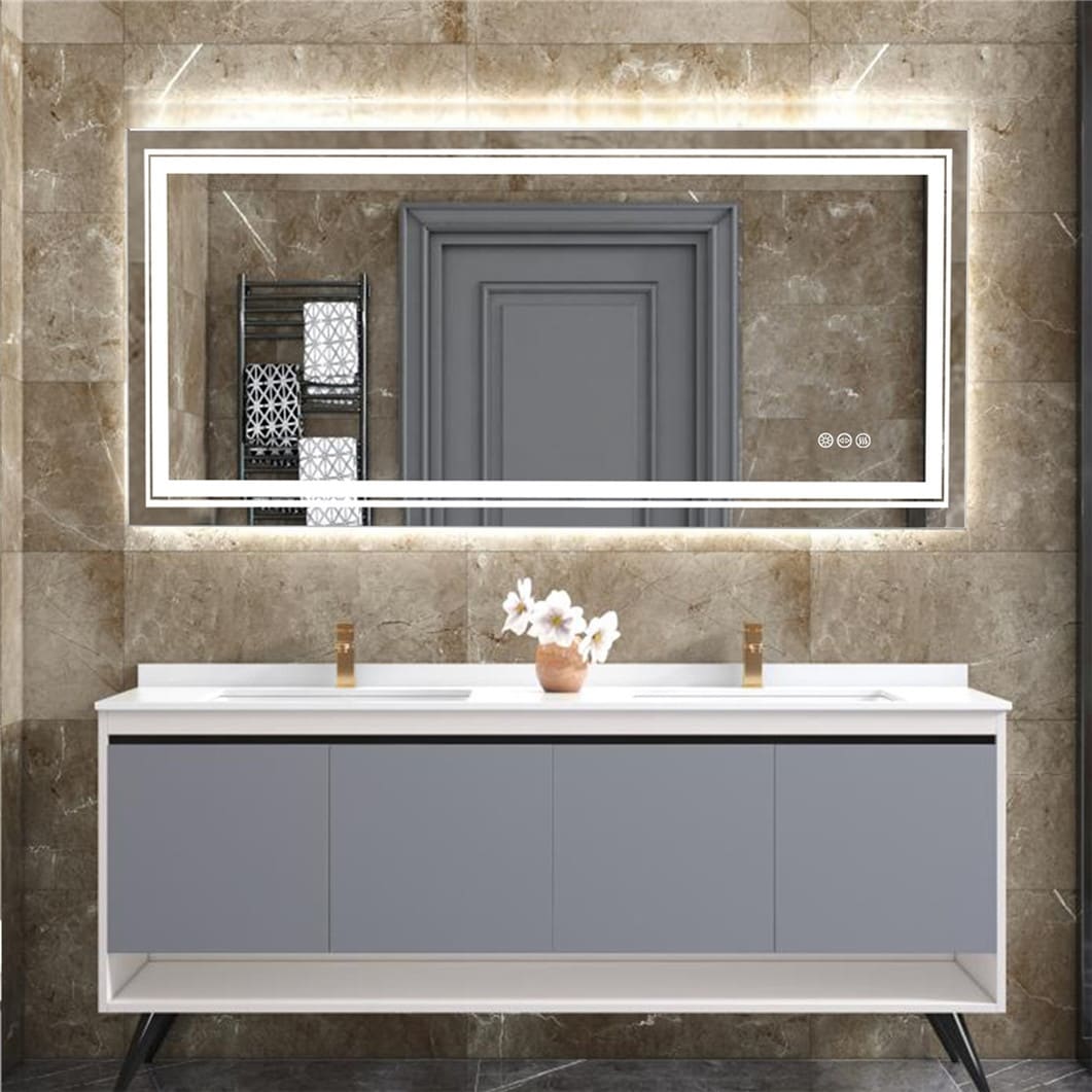 Grand miroir de salle de bain à éclairage LED, anti-buée, pour meuble-lavabo, 3 couleurs