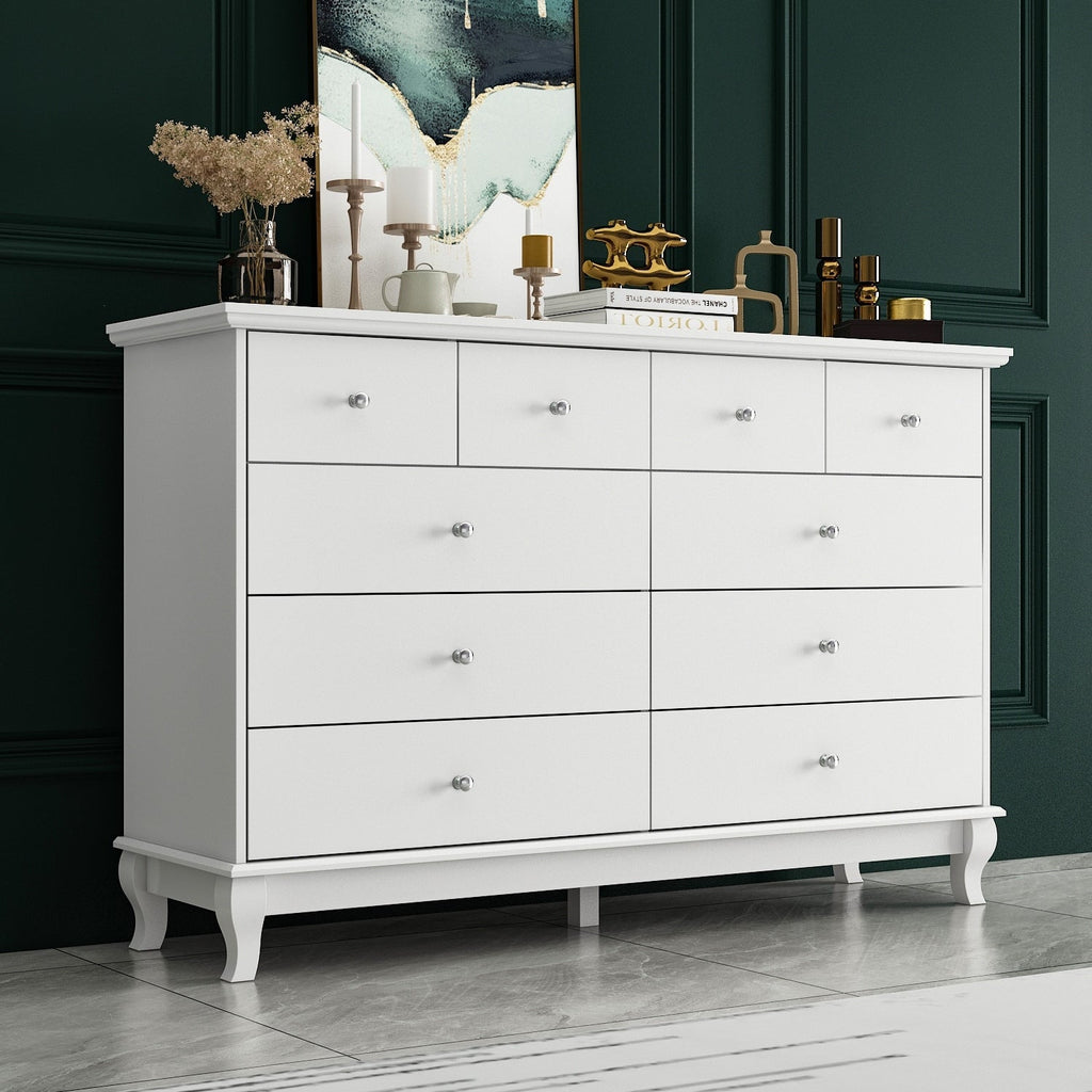 Commode double à 10 tiroirs pour chambre à coucher, commode blanche, grand espace de rangement