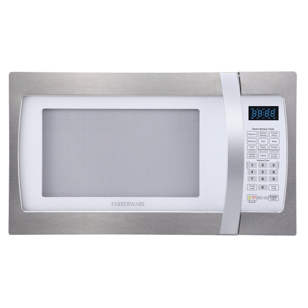 Four à micro-ondes Farberware Professional de 1,3 pi³ et 1100 watts avec fonction de cuisson intelligente à capteur, blanc et platine