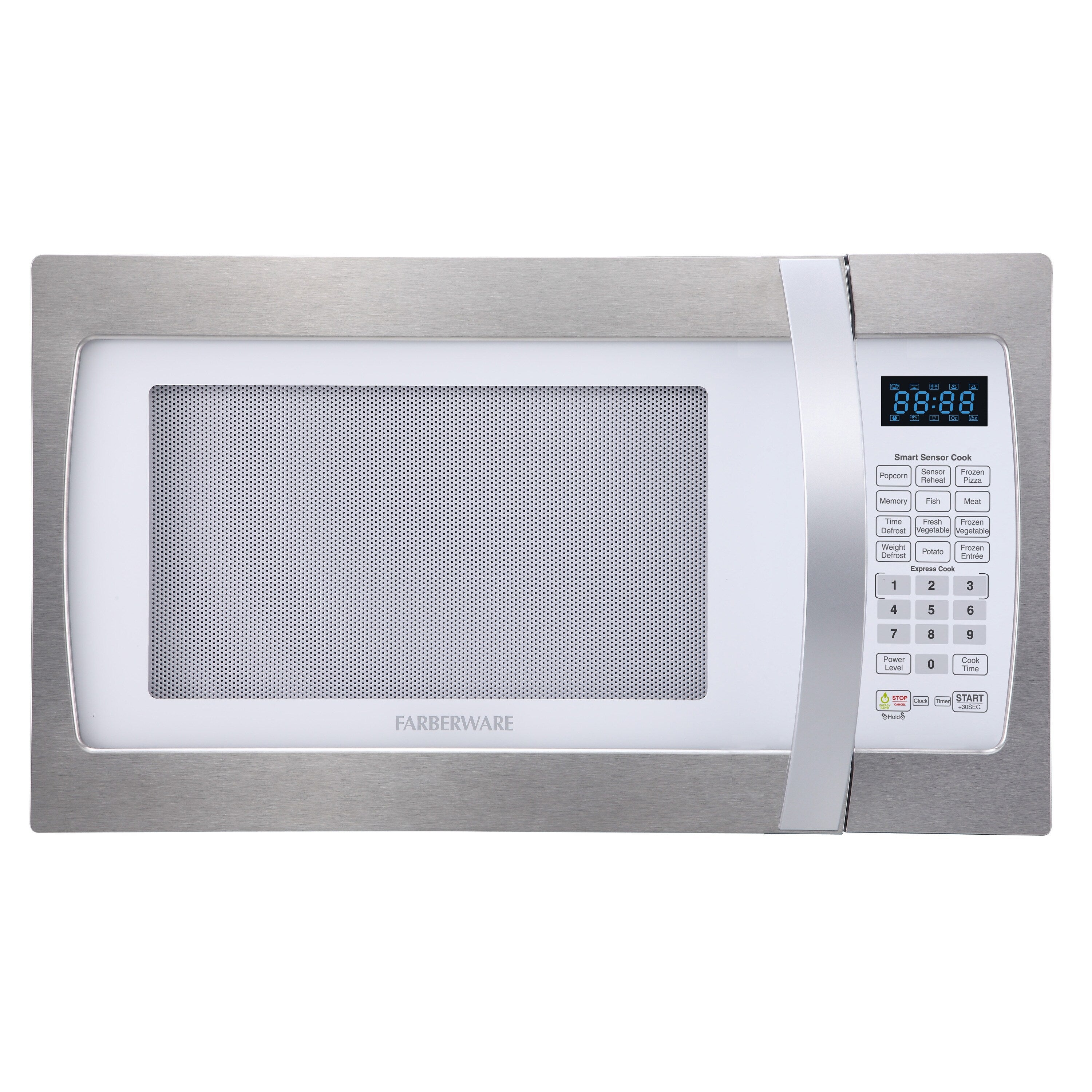 Four à micro-ondes Farberware Professional de 1,3 pi³ et 1100 watts avec fonction de cuisson intelligente à capteur, blanc et platine