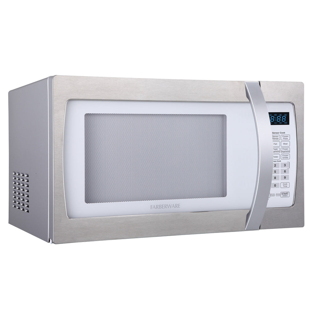 Four à micro-ondes Farberware Professional de 1,3 pi³ et 1100 watts avec fonction de cuisson intelligente à capteur, blanc et platine