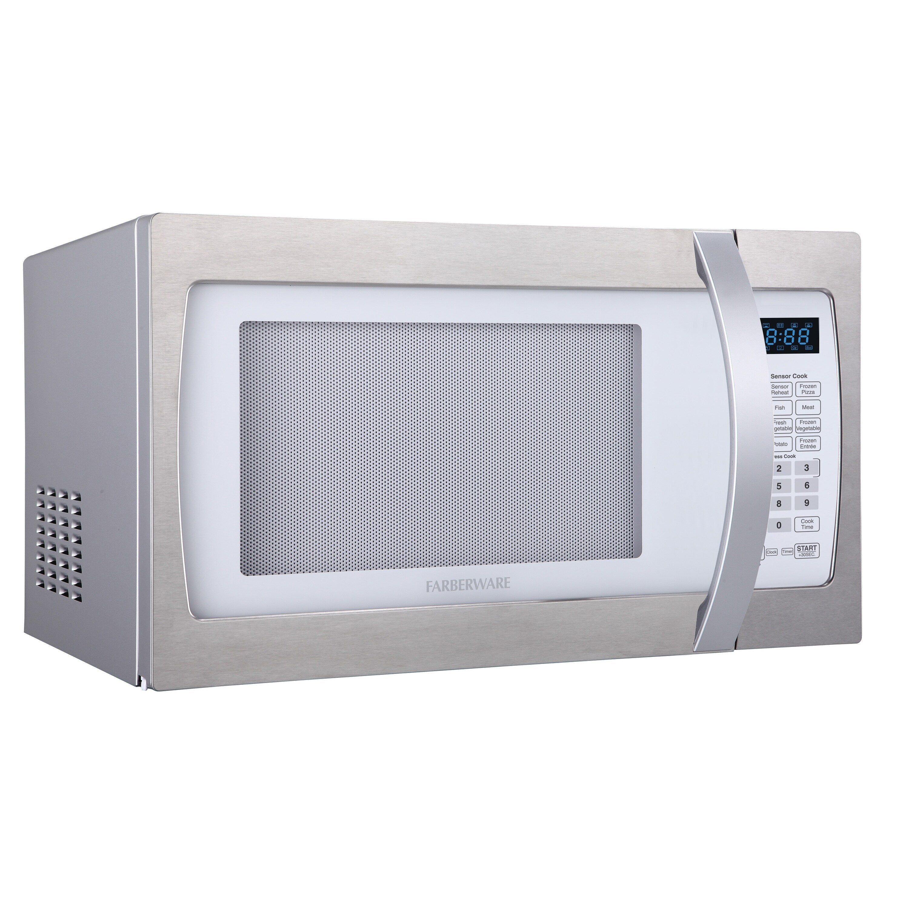 Four à micro-ondes Farberware Professional de 1,3 pi³ et 1100 watts avec fonction de cuisson intelligente à capteur, blanc et platine