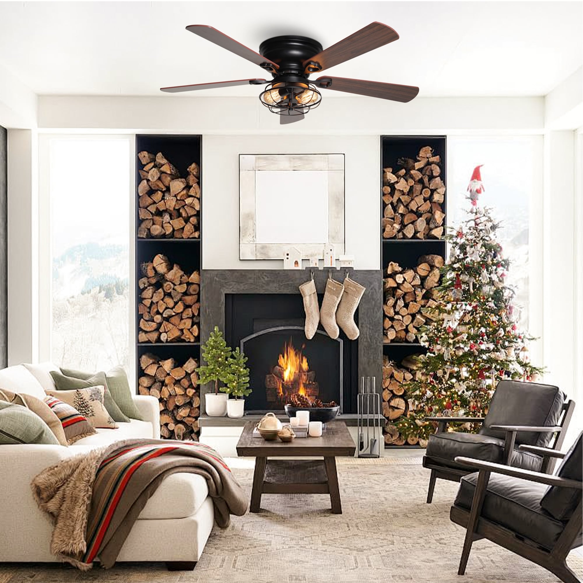 Ventilateur de plafond encastré à 5 pales en bois de 122 cm (48 pouces) de style rustique, à profil bas, noir, avec télécommande et kit d'éclairage.