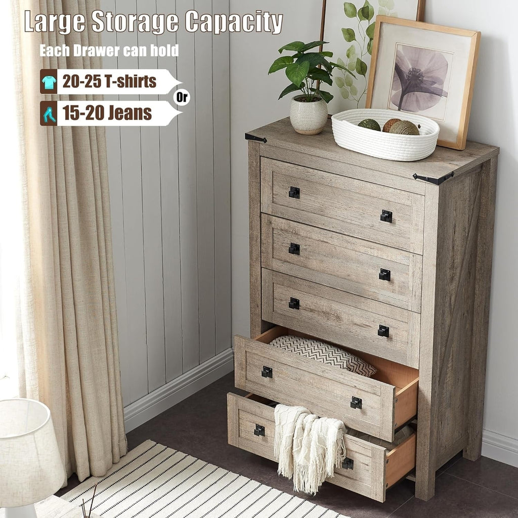 Commode haute de style farmhouse à 5 tiroirs, 48 pouces, en bois, pour chambre à coucher
