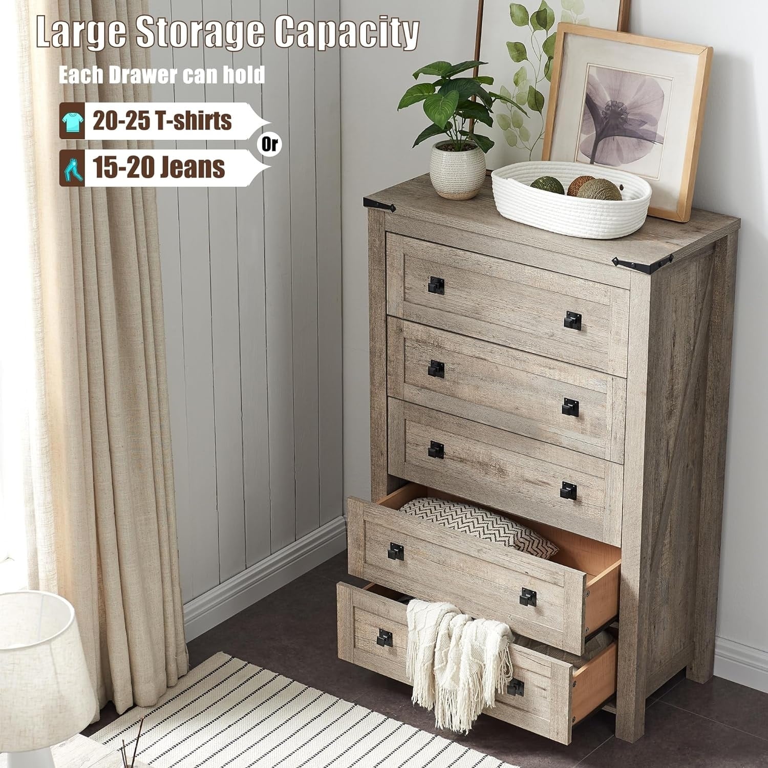 Commode haute de style farmhouse à 5 tiroirs, 48 pouces, en bois, pour chambre à coucher
