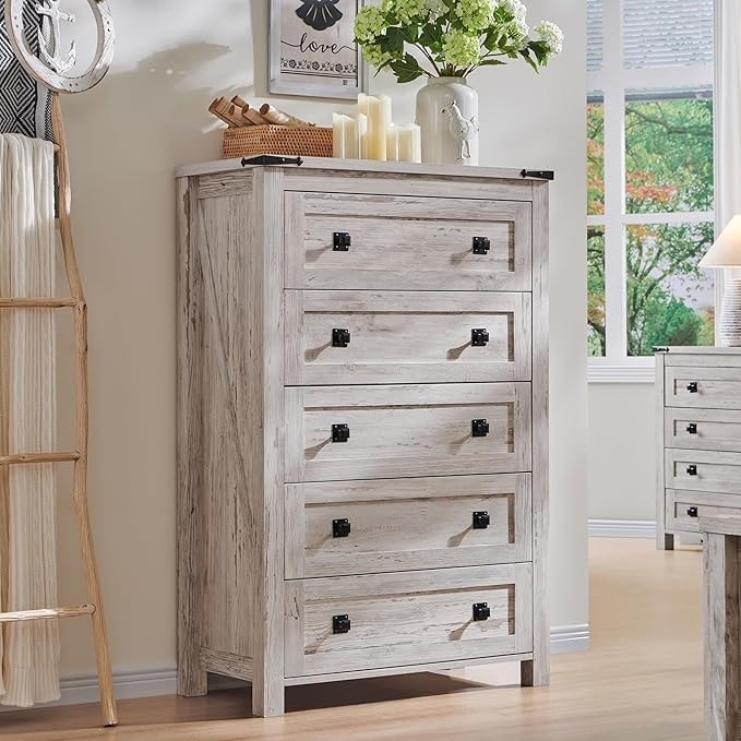 Commode haute de style farmhouse à 5 tiroirs, 48 pouces, en bois, pour chambre à coucher