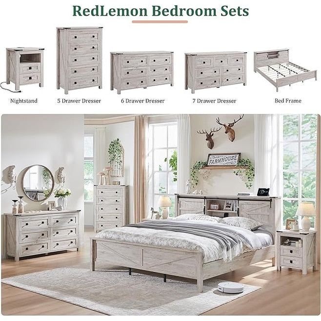 Commode haute de style farmhouse à 5 tiroirs, 48 pouces, en bois, pour chambre à coucher