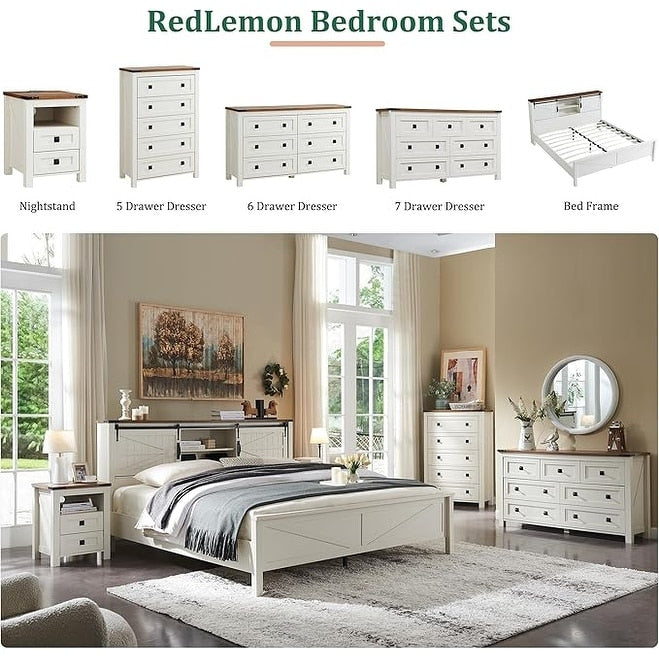 Commode haute de style farmhouse à 5 tiroirs, 48 pouces, en bois, pour chambre à coucher