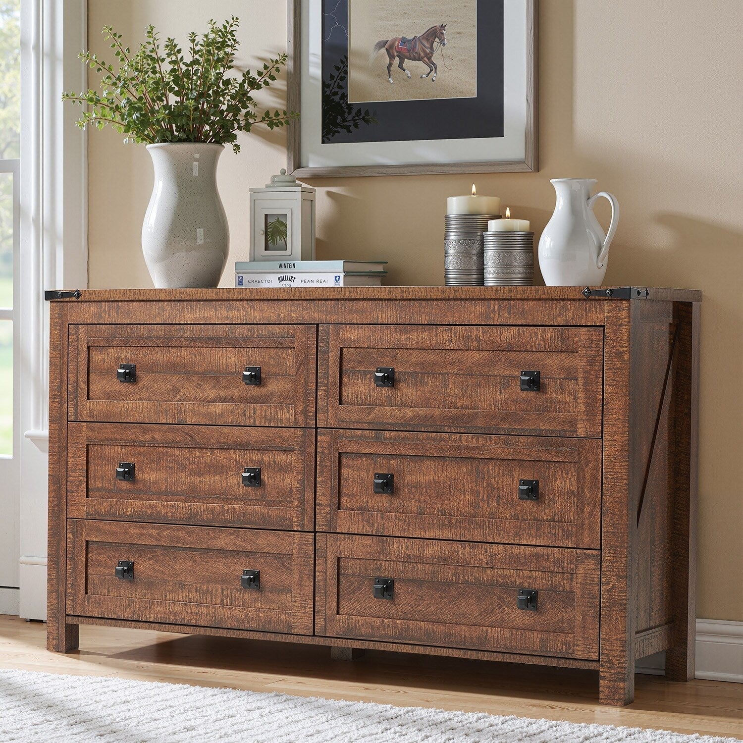 Commode à 6 tiroirs style farmhouse, meuble TV en bois, coffre à tiroirs