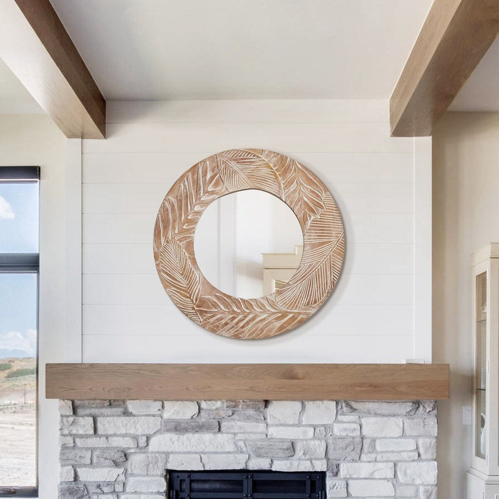 Miroir mural rond en bois sculpté style farmhouse - 71 x 71 cm