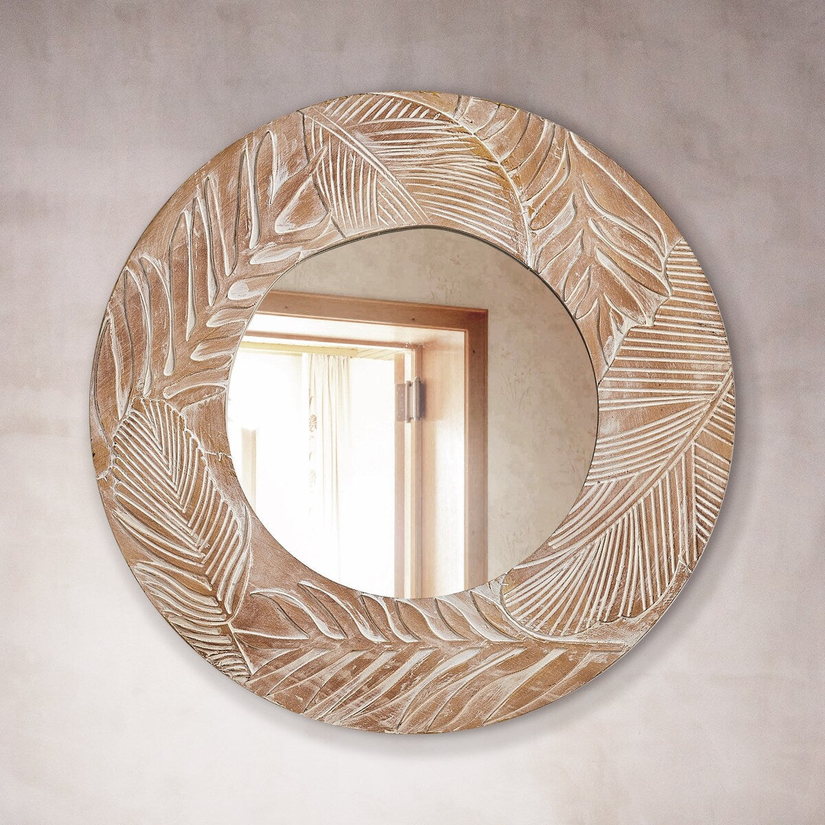 Miroir mural rond en bois sculpté style farmhouse - 71 x 71 cm