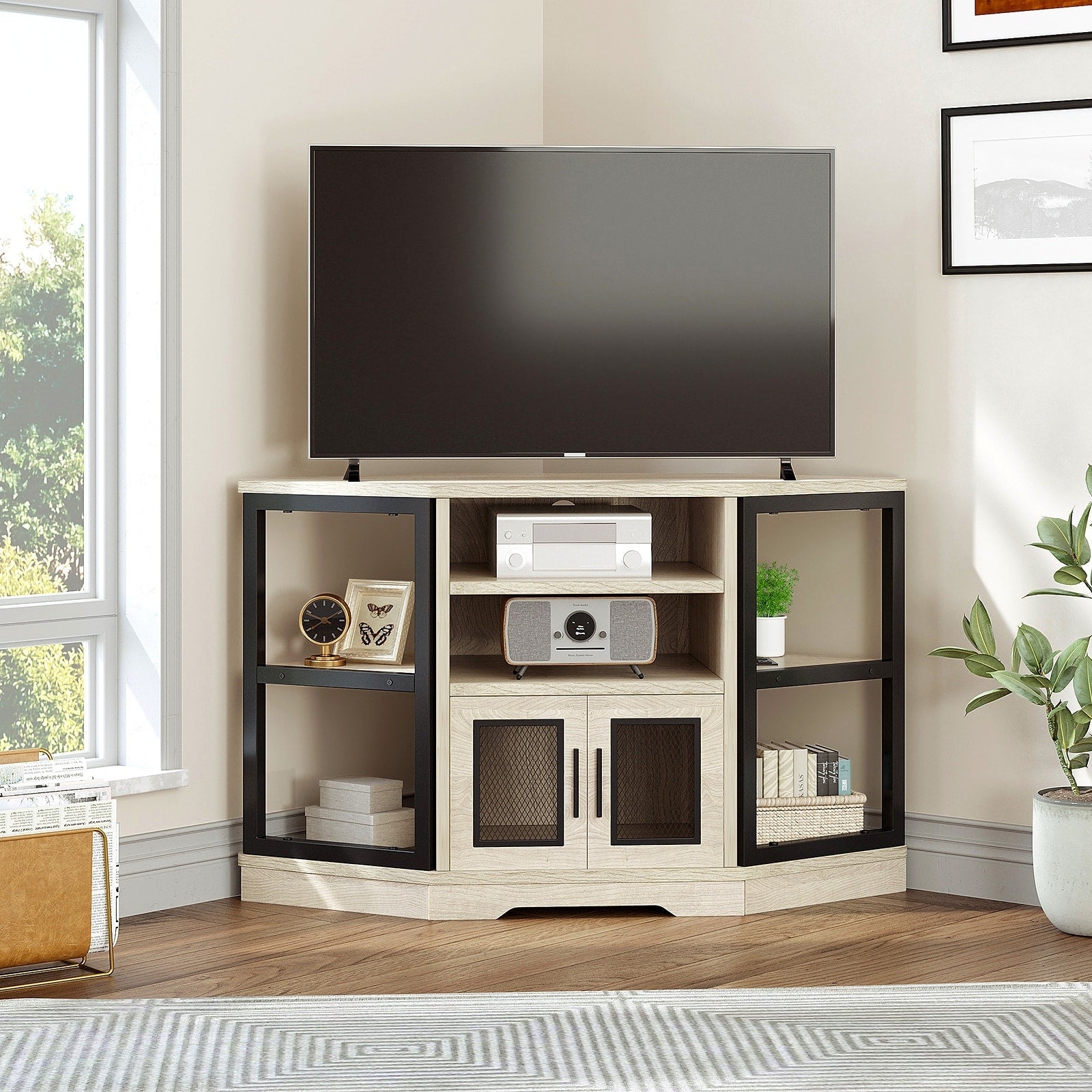 Meuble TV d'angle style farmhouse, console multimédia pour téléviseurs jusqu'à 55 pouces avec prise de courant.