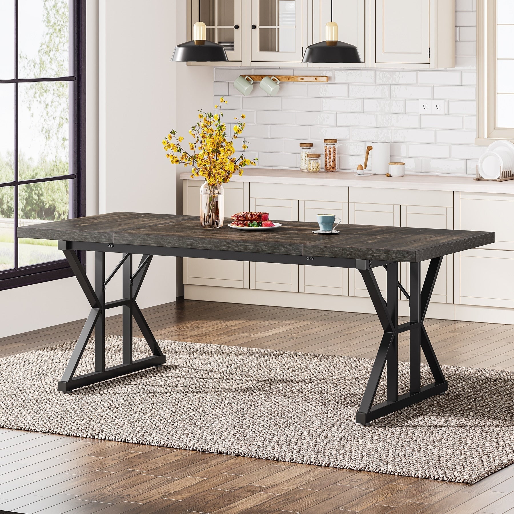 Table de salle à manger de style farmhouse pour 6 personnes, table de cuisine rectangulaire en bois de 70,8 pouces