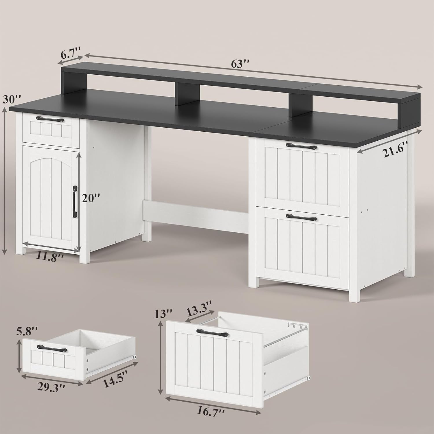 Bureau de direction de style farmhouse, bureau de travail à domicile, tiroir à dossiers, support de moniteur, prise de courant.