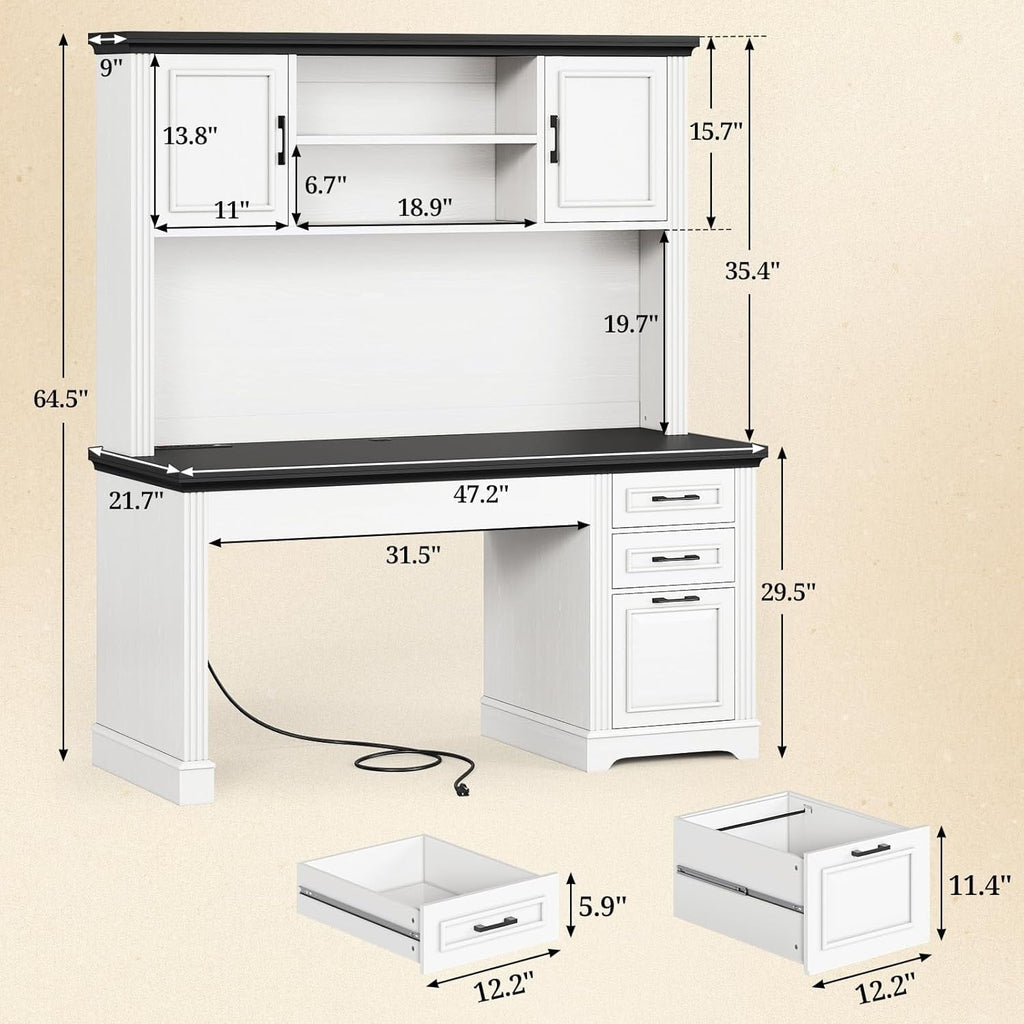 Bureau de direction de style farmhouse, bureau de travail à domicile, tiroir à dossiers, support de moniteur, prise de courant.