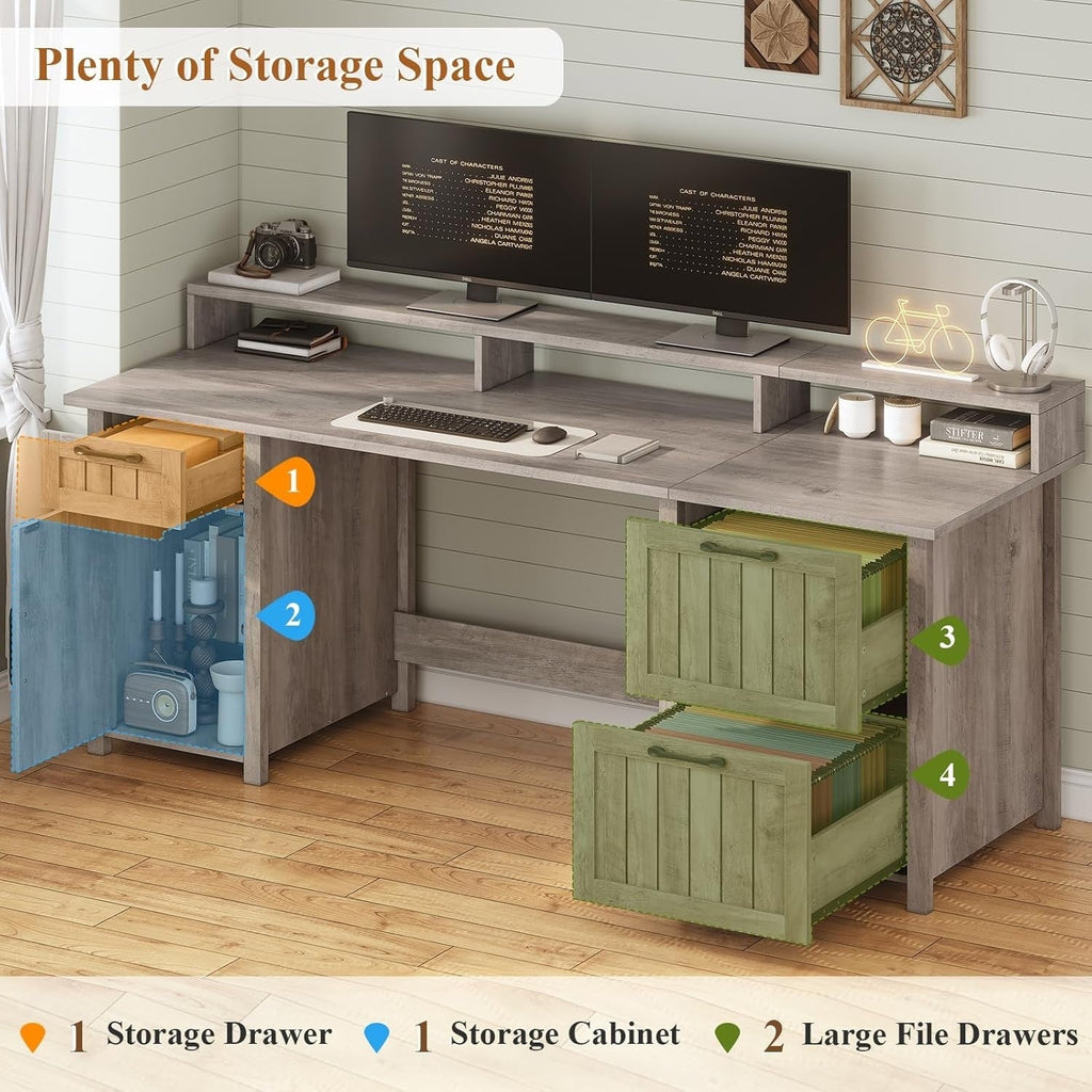 Bureau de direction de style farmhouse, bureau de travail à domicile, tiroir à dossiers, support de moniteur, prise de courant.