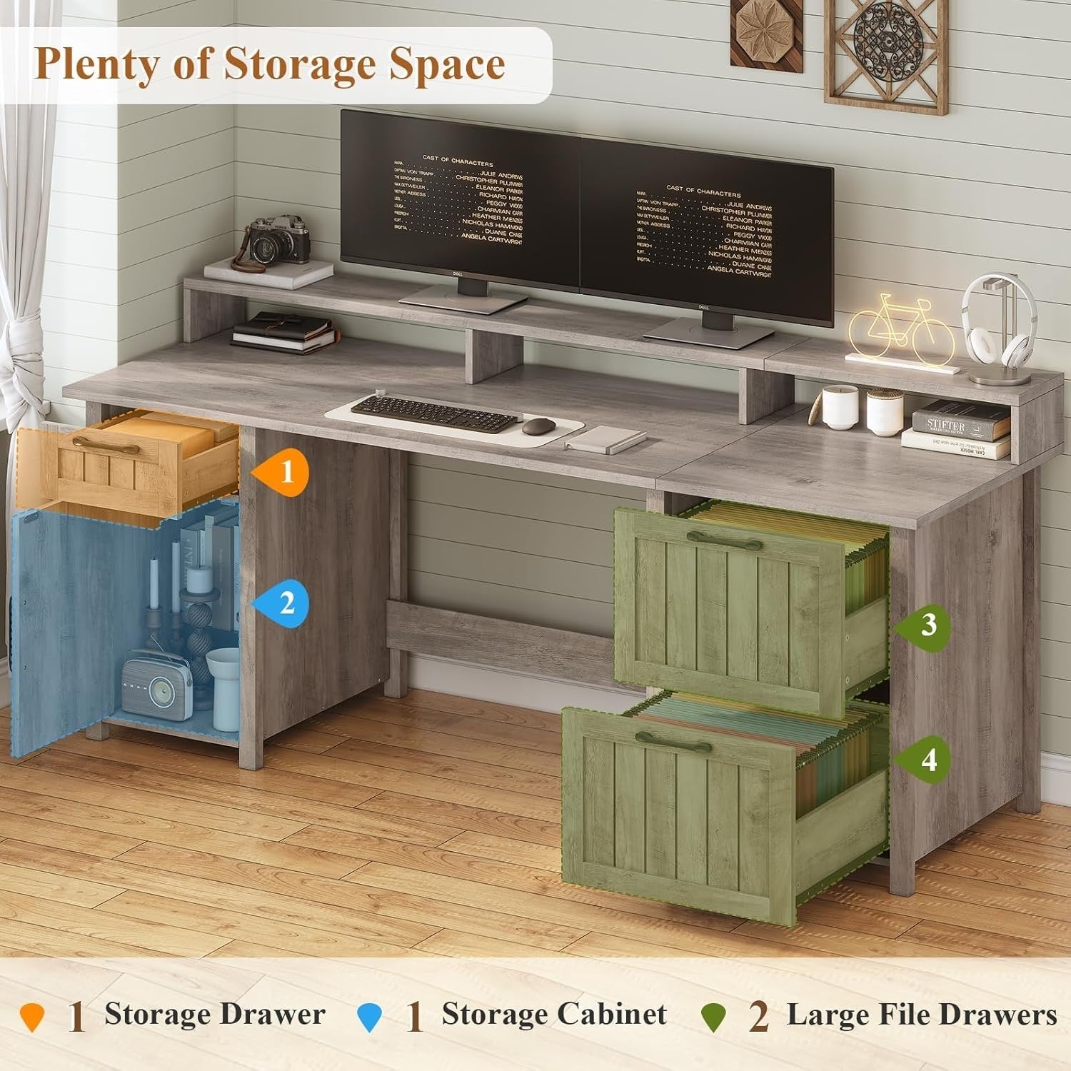 Bureau de direction de style farmhouse, bureau de travail à domicile, tiroir à dossiers, support de moniteur, prise de courant.