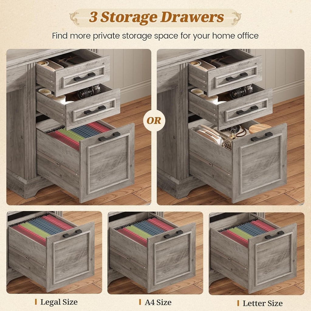 Bureau de direction de style farmhouse, bureau de travail à domicile, tiroir à dossiers, support de moniteur, prise de courant.