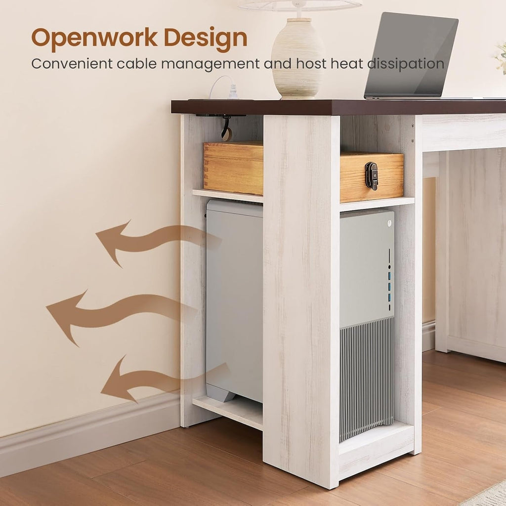 Bureau de direction de style farmhouse, bureau de travail à domicile, tiroir à dossiers, support de moniteur, prise de courant.