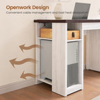 Bureau de direction de style farmhouse, bureau de travail à domicile, tiroir à dossiers, support de moniteur, prise de courant.