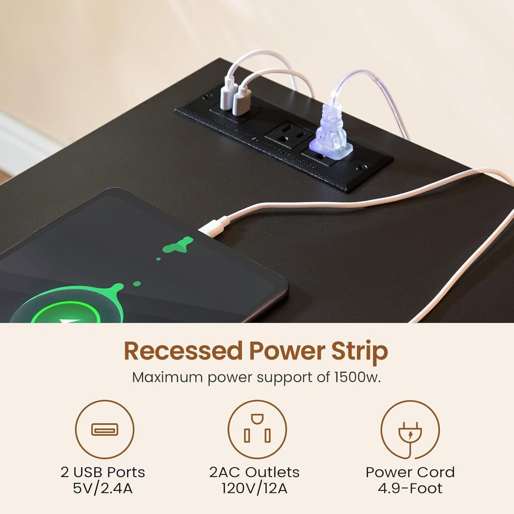 Bureau de direction de style farmhouse, bureau de travail à domicile, tiroir à dossiers, support de moniteur, prise de courant.