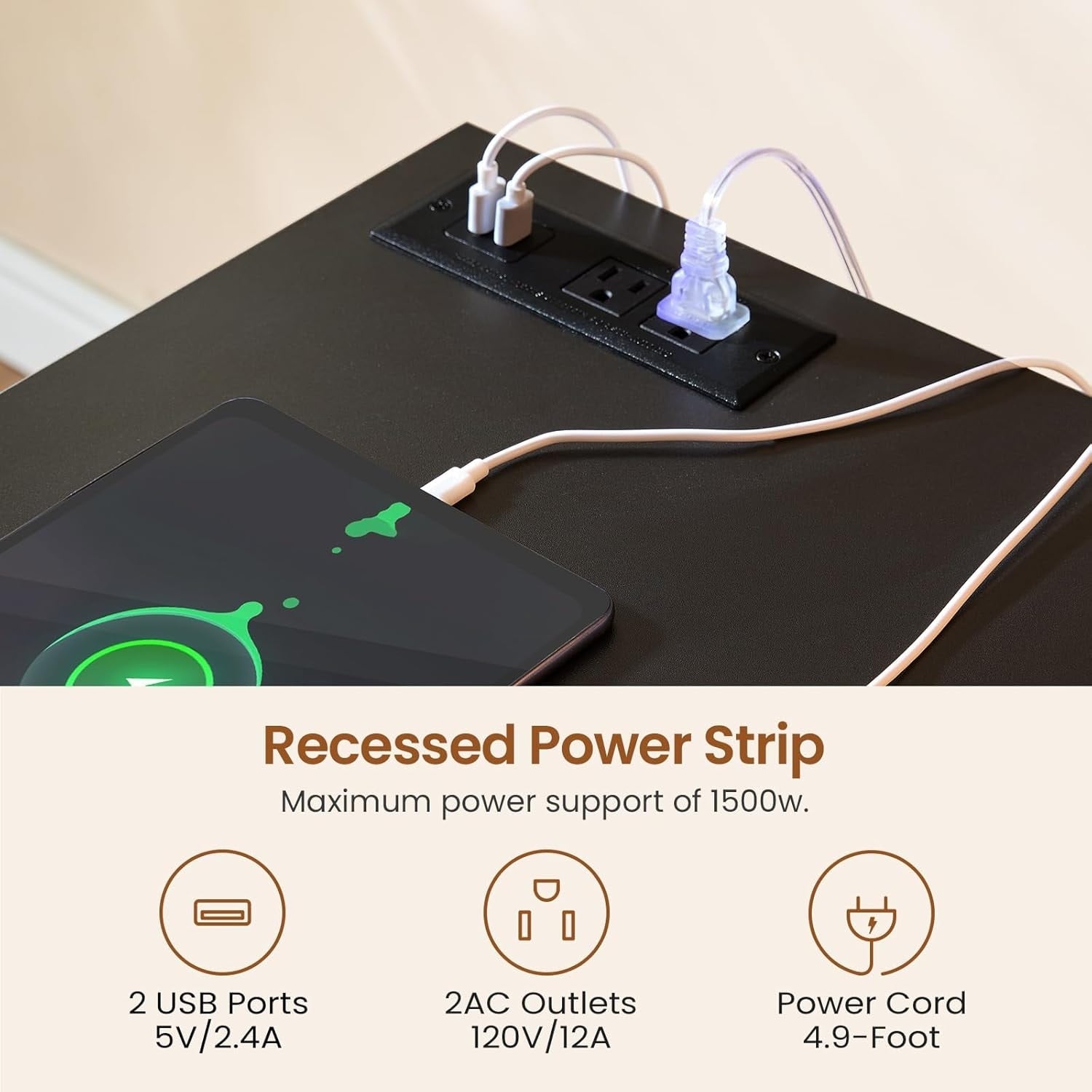 Bureau de direction de style farmhouse, bureau de travail à domicile, tiroir à dossiers, support de moniteur, prise de courant.