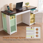 Bureau de direction de style farmhouse, bureau de travail à domicile, tiroir à dossiers, support de moniteur, prise de courant.