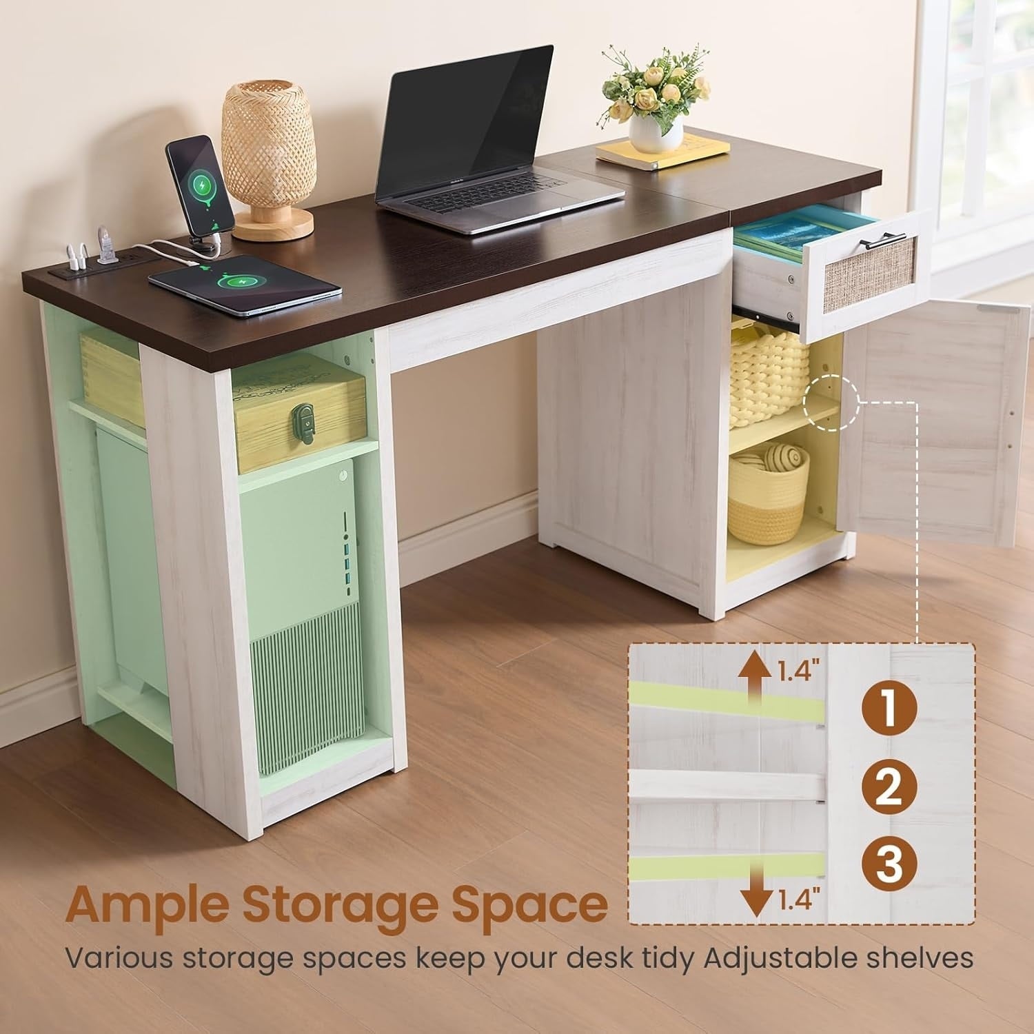 Bureau de direction de style farmhouse, bureau de travail à domicile, tiroir à dossiers, support de moniteur, prise de courant.