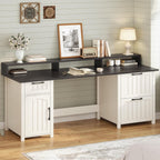 Bureau de direction de style farmhouse, bureau de travail à domicile, tiroir à dossiers, support de moniteur, prise de courant.