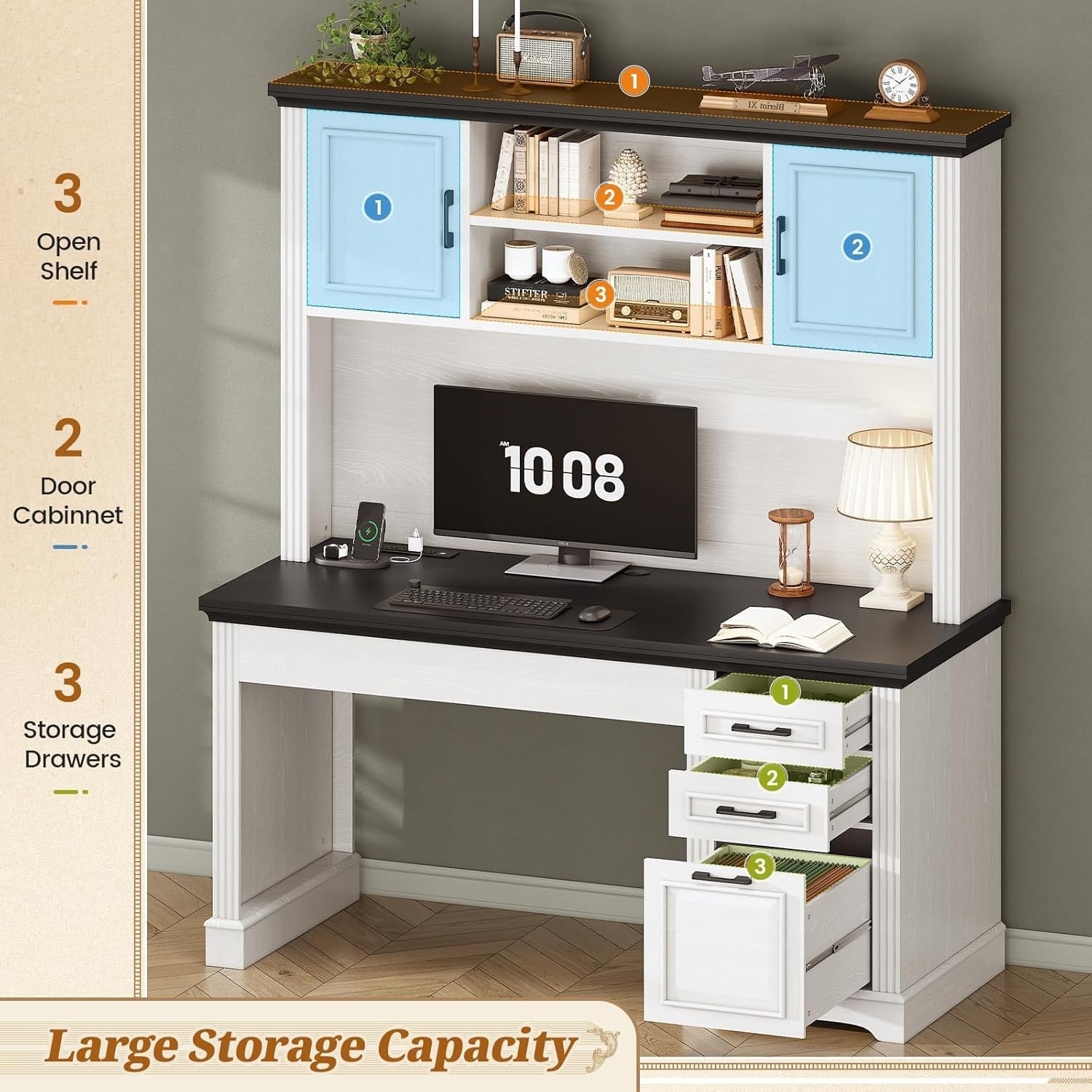 Bureau de direction de style farmhouse, bureau de travail à domicile, tiroir à dossiers, support de moniteur, prise de courant.