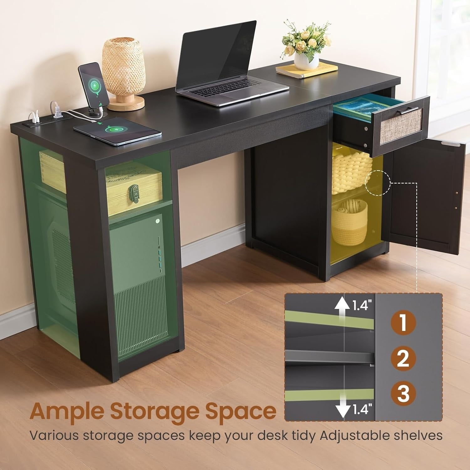 Bureau de direction de style farmhouse, bureau de travail à domicile, tiroir à dossiers, support de moniteur, prise de courant.