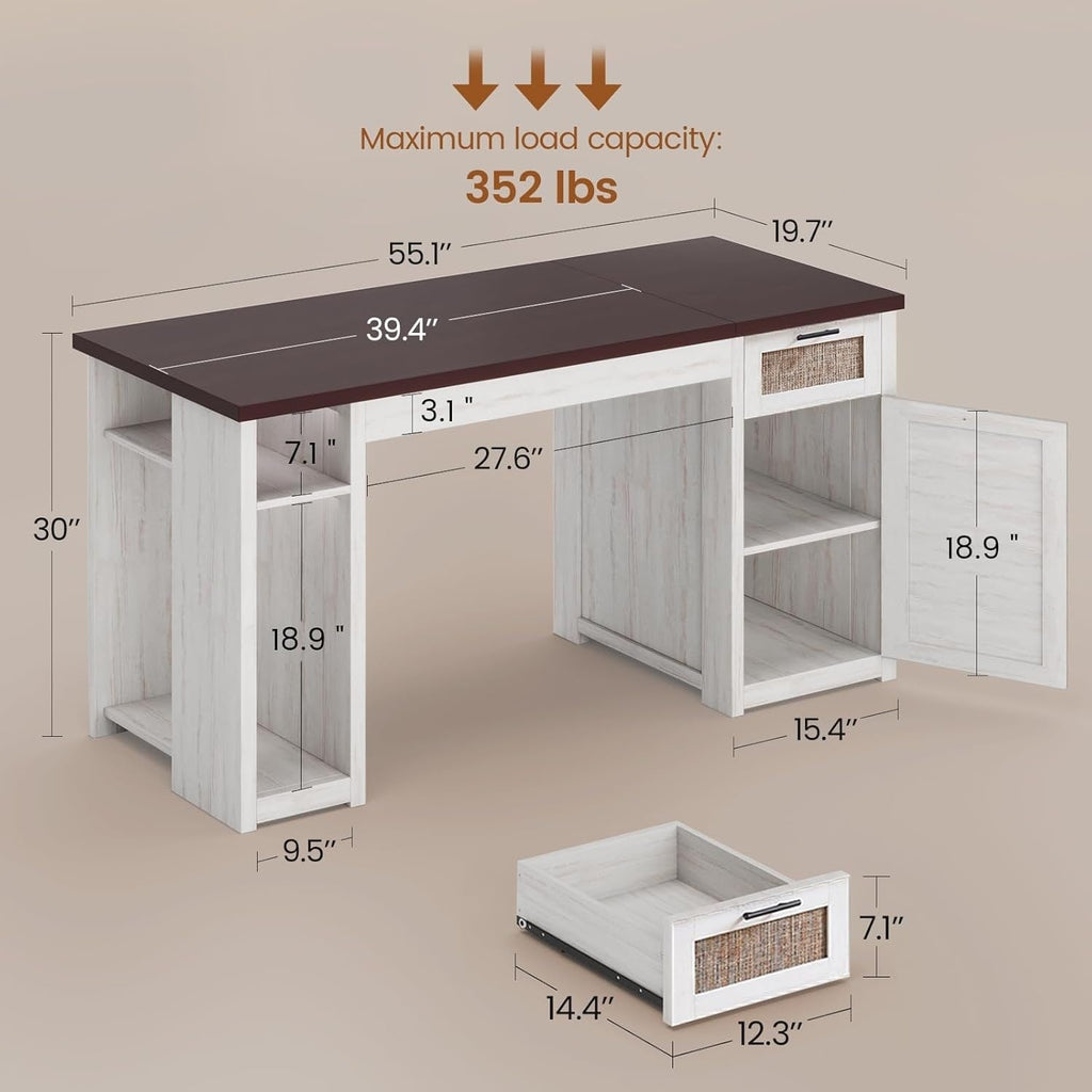 Bureau de direction de style farmhouse, bureau de travail à domicile, tiroir à dossiers, support de moniteur, prise de courant.