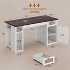 Bureau de direction de style farmhouse, bureau de travail à domicile, tiroir à dossiers, support de moniteur, prise de courant.