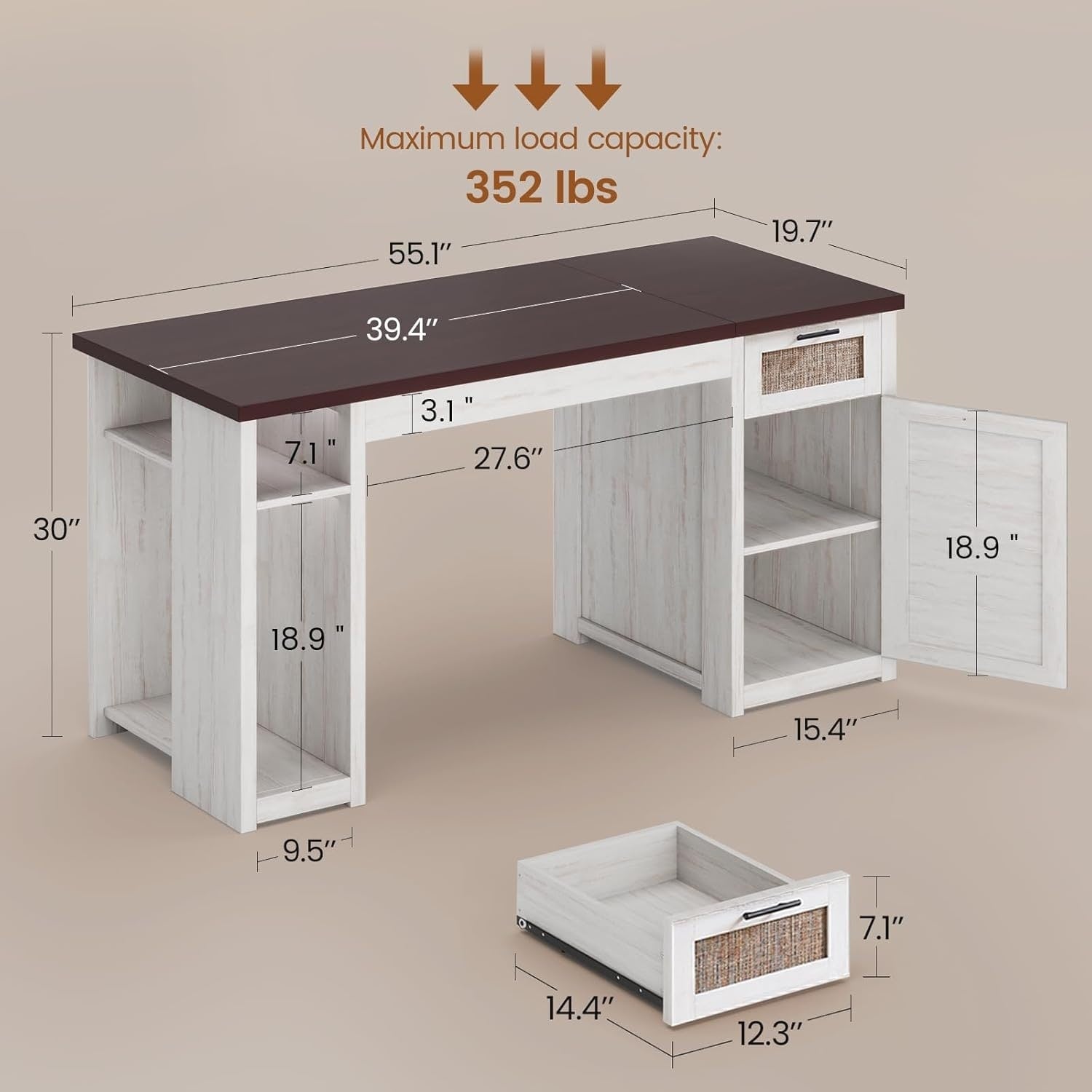 Bureau de direction de style farmhouse, bureau de travail à domicile, tiroir à dossiers, support de moniteur, prise de courant.