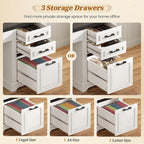 Bureau de direction de style farmhouse, bureau de travail à domicile, tiroir à dossiers, support de moniteur, prise de courant.