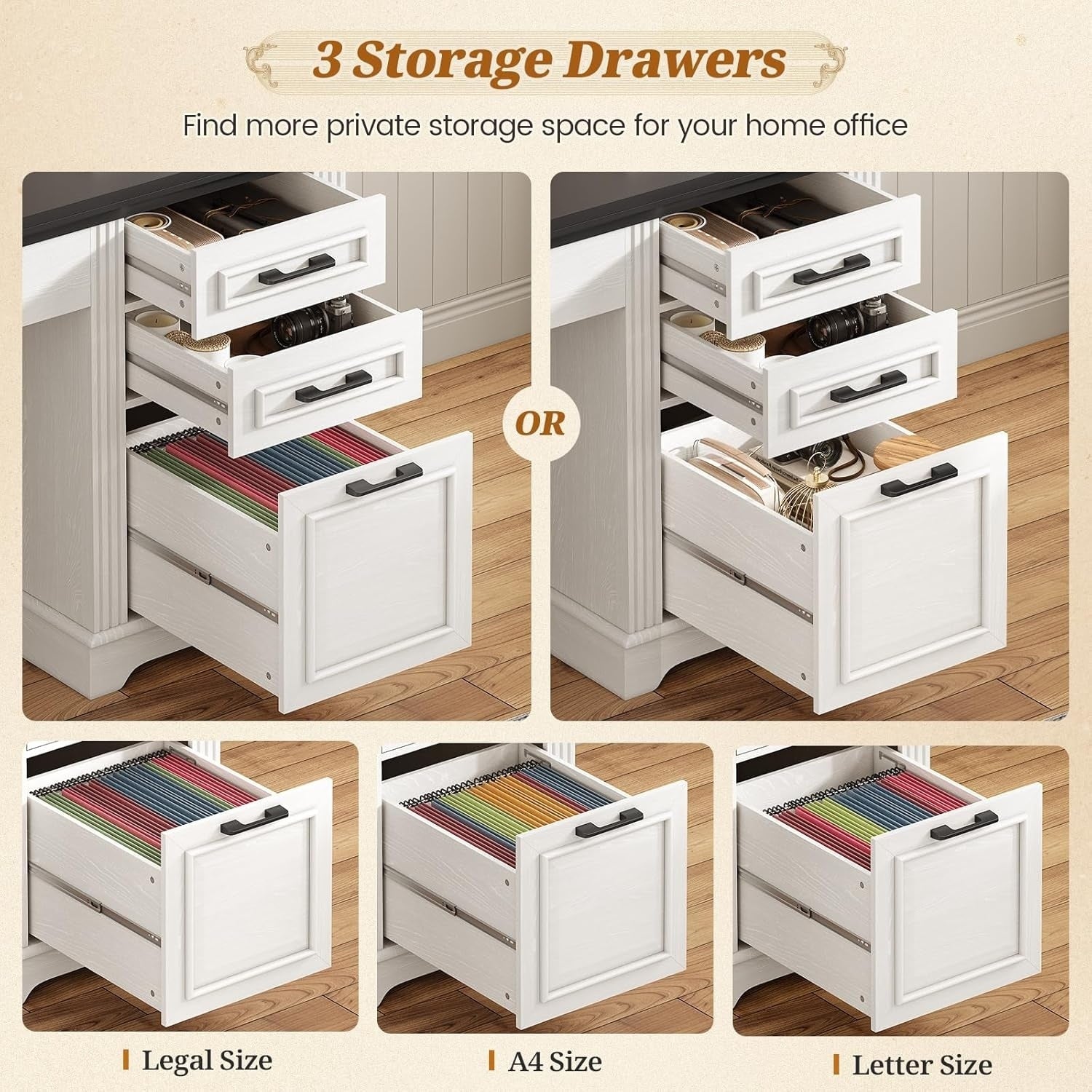 Bureau de direction de style farmhouse, bureau de travail à domicile, tiroir à dossiers, support de moniteur, prise de courant.