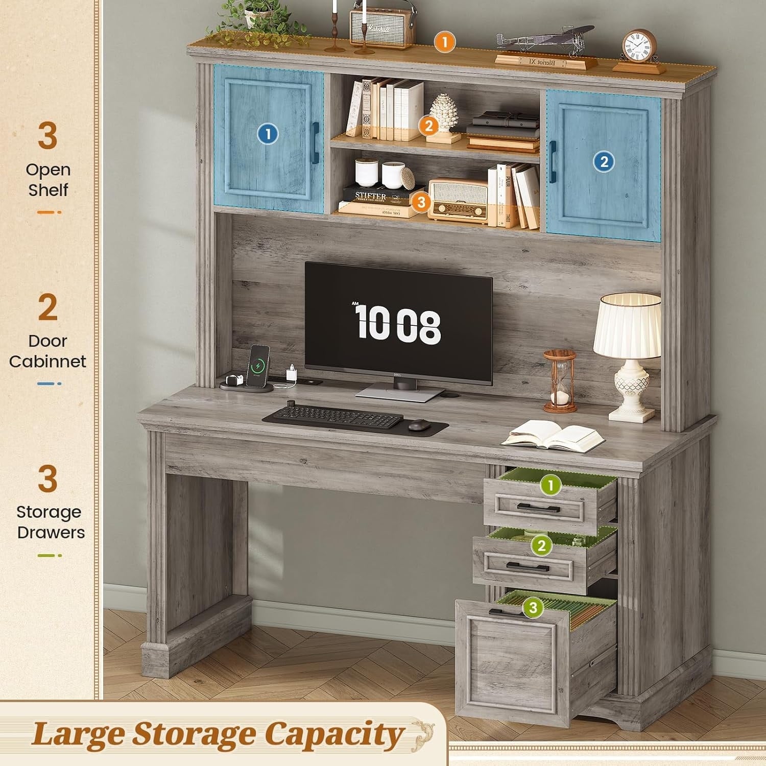 Bureau de direction de style farmhouse, bureau de travail à domicile, tiroir à dossiers, support de moniteur, prise de courant.