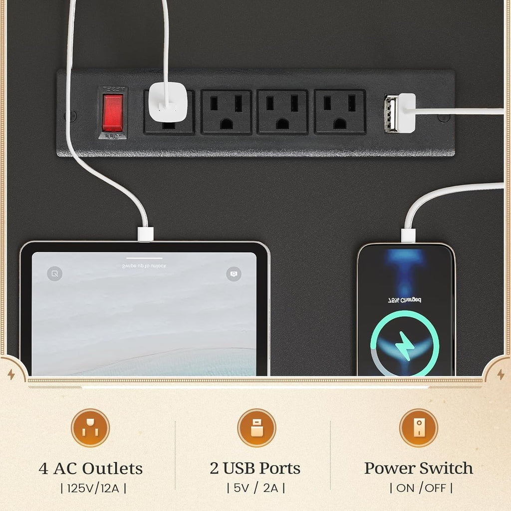 Bureau de direction de style farmhouse, bureau de travail à domicile, tiroir à dossiers, support de moniteur, prise de courant.