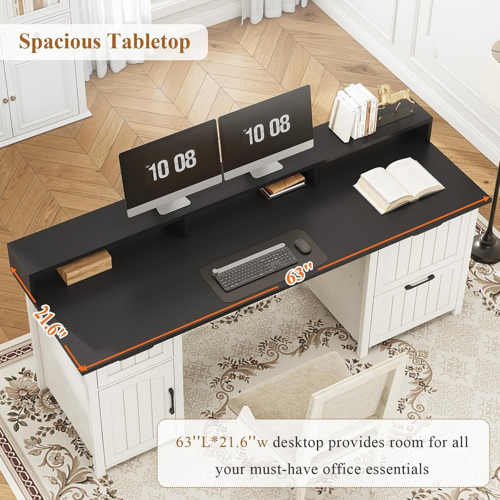 Bureau de direction de style farmhouse, bureau de travail à domicile, tiroir à dossiers, support de moniteur, prise de courant.