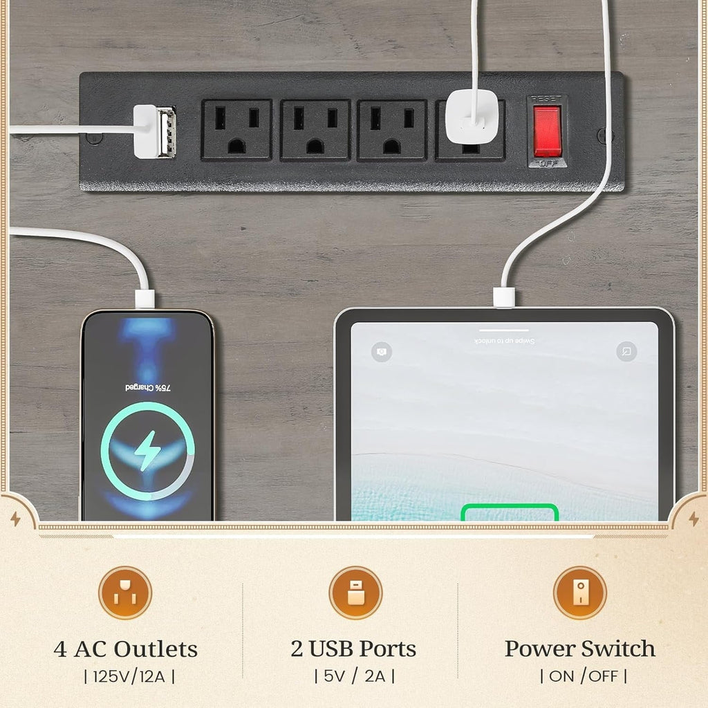 Bureau de direction de style farmhouse, bureau de travail à domicile, tiroir à dossiers, support de moniteur, prise de courant.