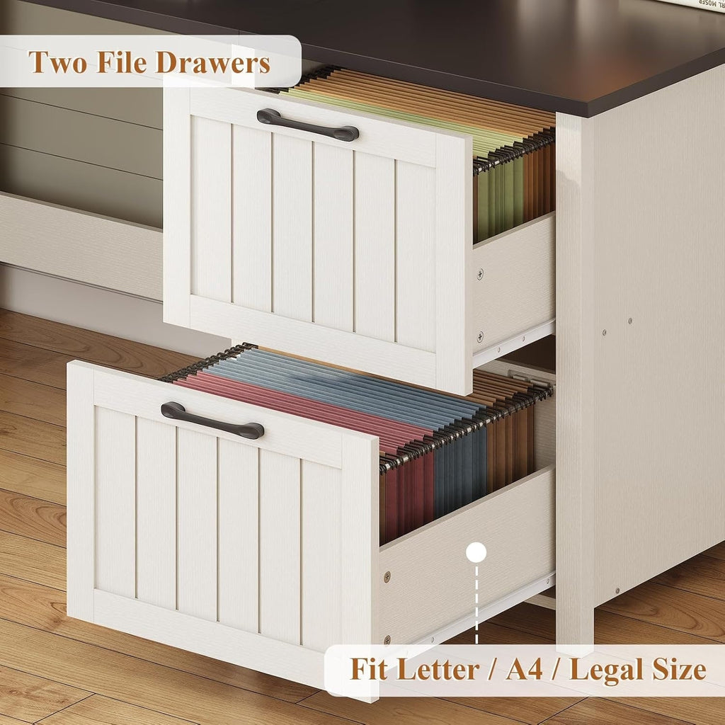 Bureau de direction de style farmhouse, bureau de travail à domicile, tiroir à dossiers, support de moniteur, prise de courant.