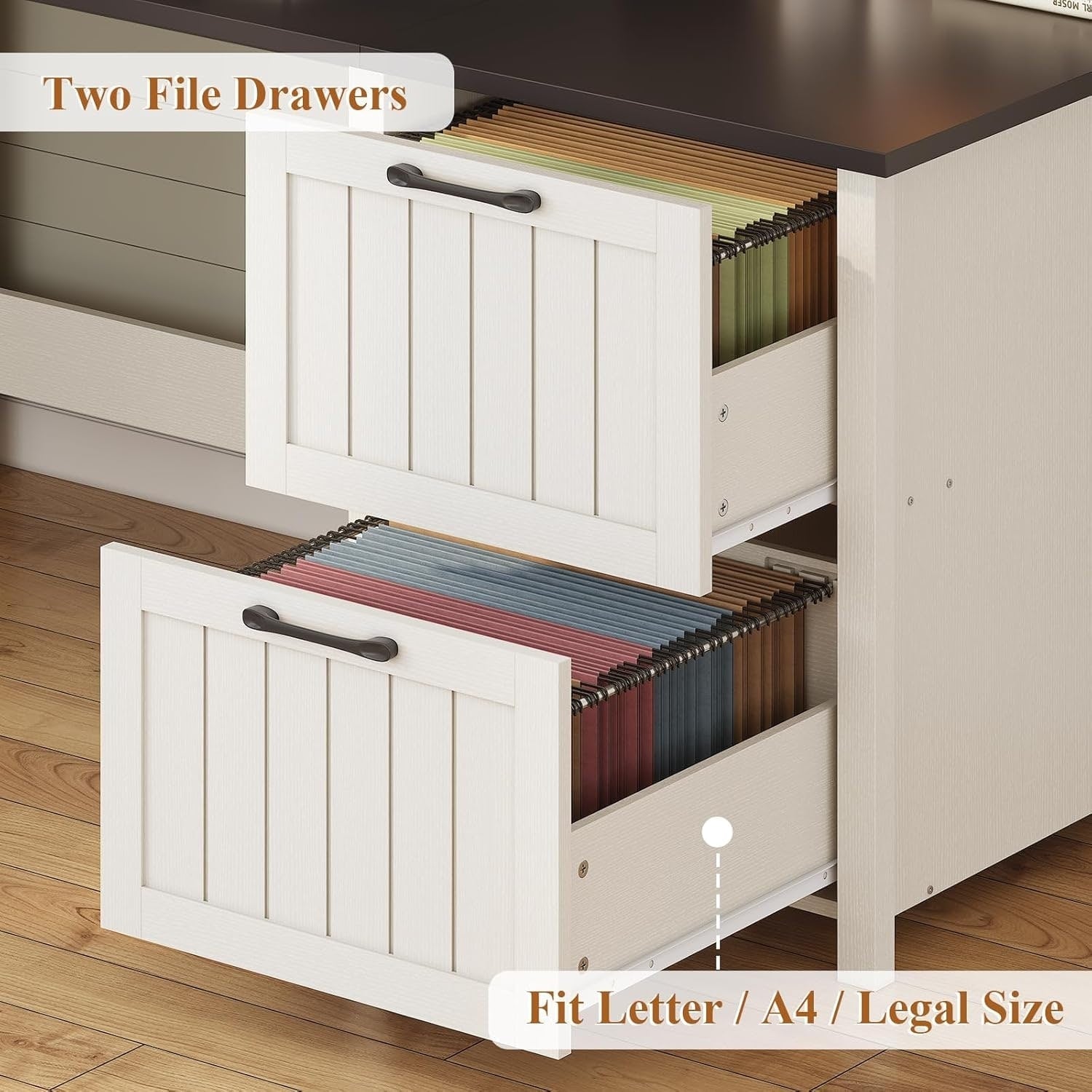 Bureau de direction de style farmhouse, bureau de travail à domicile, tiroir à dossiers, support de moniteur, prise de courant.