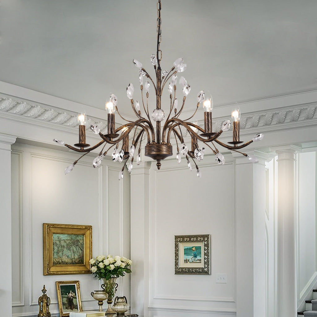 Luminaire suspendu en forme de branche d'arbre rétro style ferme avec lustre en cristal et bougie.