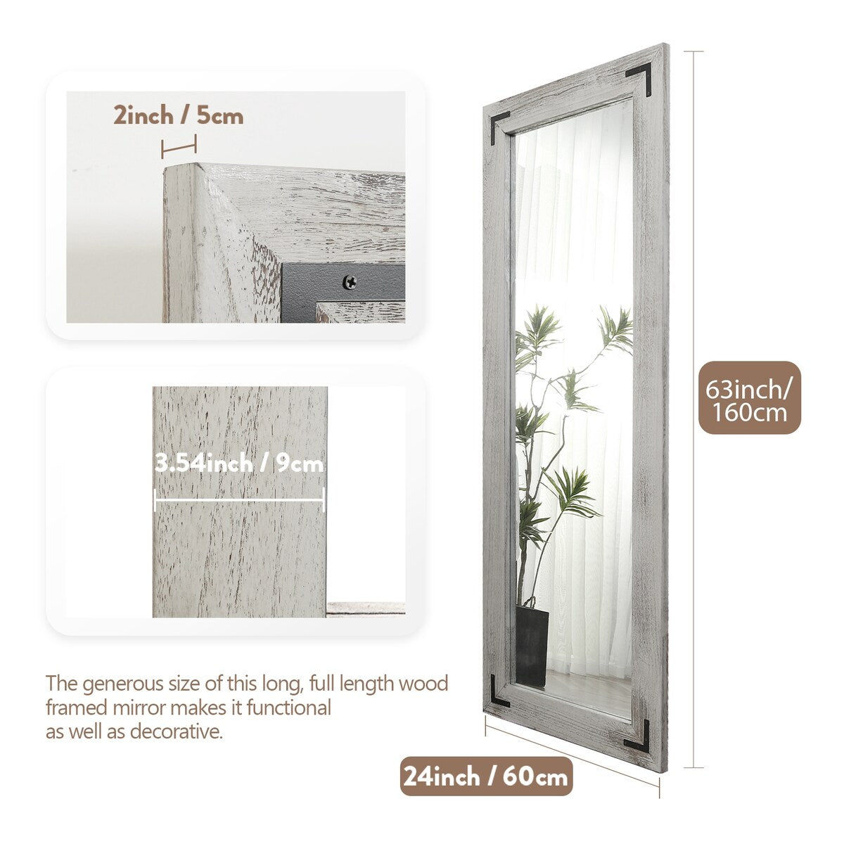 Grand miroir mural en bois rustique style farmhouse - 65x24