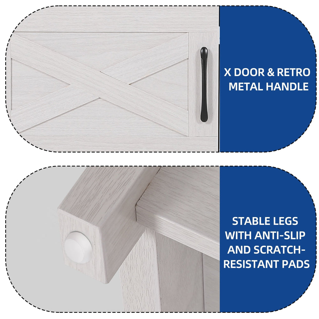 Meuble TV style farmhouse pour téléviseur jusqu'à 65 pouces avec portes et étagères ouvertes, console multimédia et prise de courant.