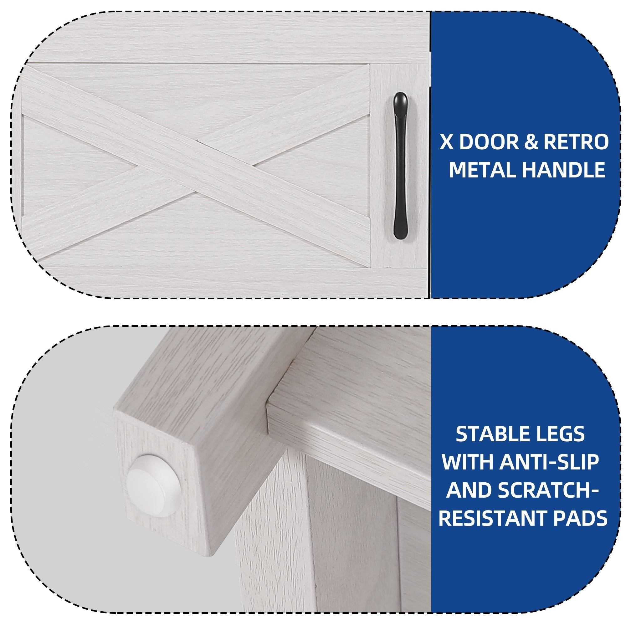 Meuble TV style farmhouse pour téléviseur jusqu'à 65 pouces avec portes et étagères ouvertes, console multimédia et prise de courant.