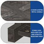 Meuble TV style farmhouse pour téléviseur jusqu'à 65 pouces avec portes et étagères ouvertes, console multimédia et prise de courant.