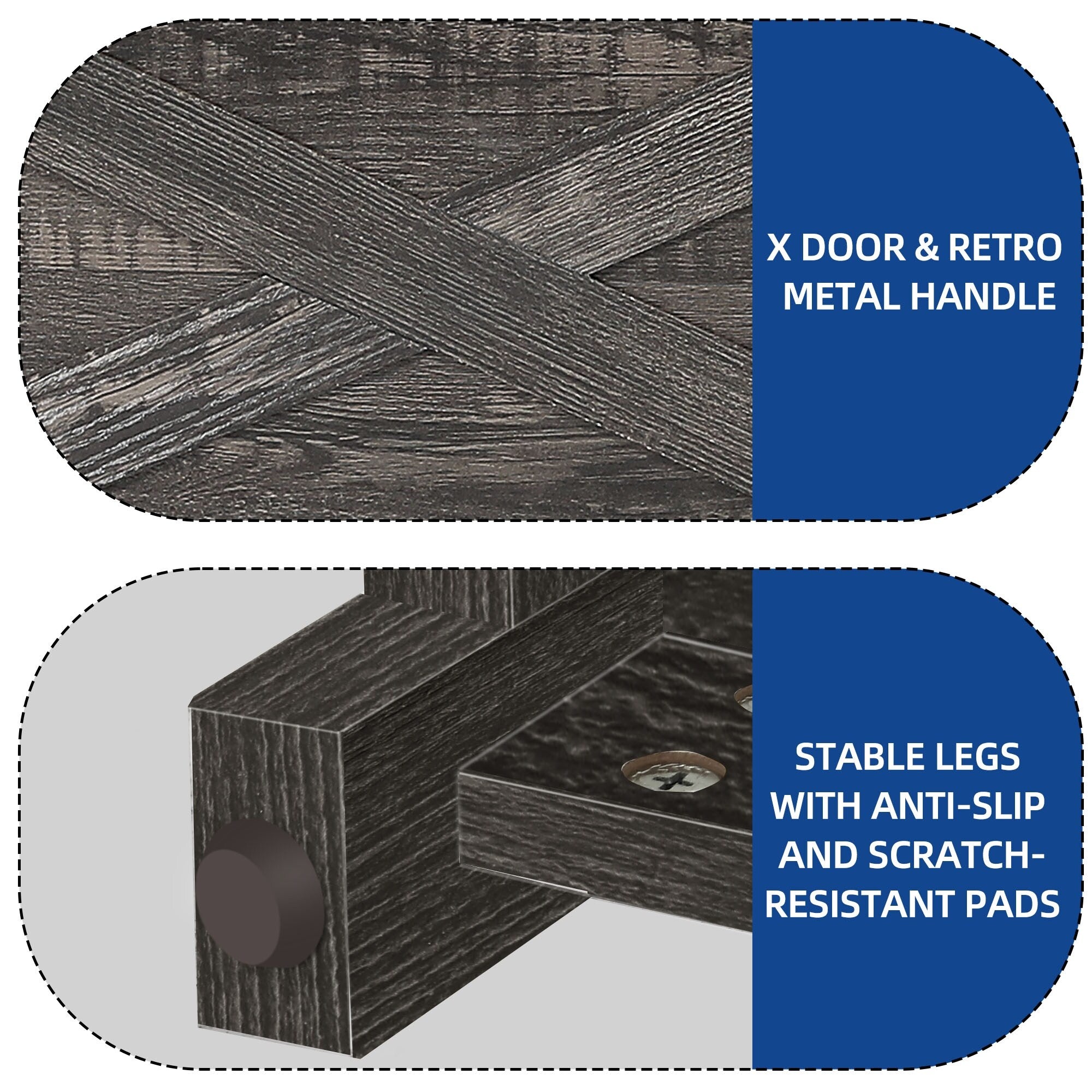 Meuble TV style farmhouse pour téléviseur jusqu'à 65 pouces avec portes et étagères ouvertes, console multimédia et prise de courant.