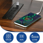 Meuble TV style farmhouse pour téléviseur jusqu'à 65 pouces avec portes et étagères ouvertes, console multimédia et prise de courant.